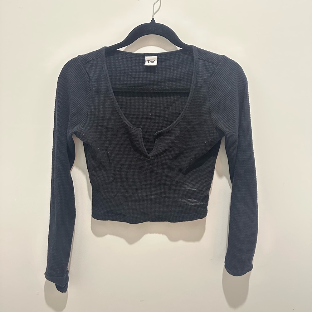TNA Black Waffle Knit Long Sleeve Top